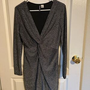H&M Silver Sparkle Twist-Front Long Sleeve Dress
